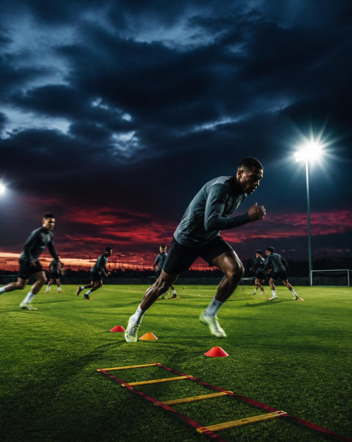 Football player training on a pitch